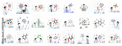 Scientists and researchers analyzing molecules, DNA, and chemical structures in a laboratory setting: a comprehensive illustration set for science and innovation.