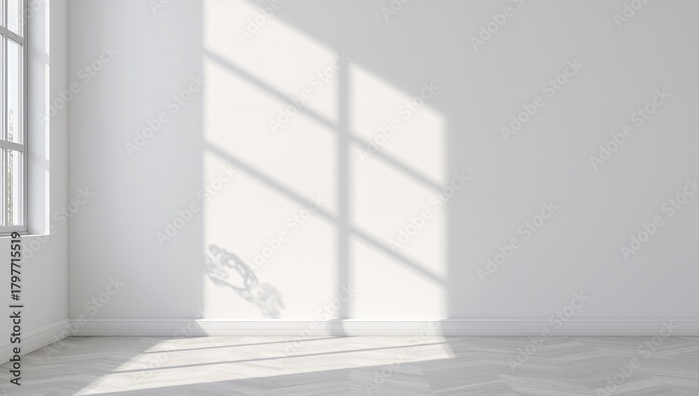 Fototapeta premium Wall interior background featuring a studio setting with shadows from a window, suitable for product presentation and text insertion