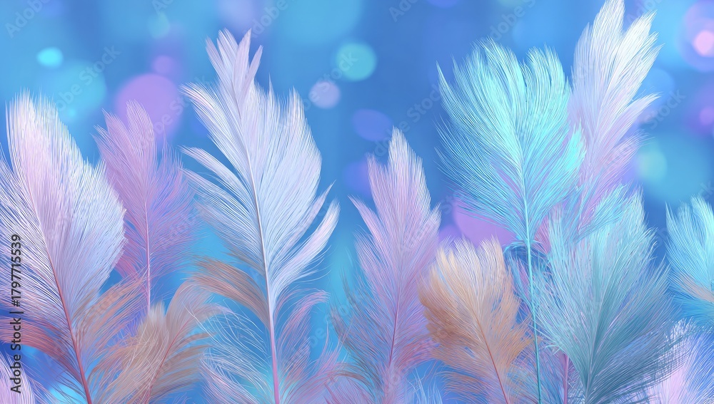 Obraz premium Pastel-toned, feathery plumes ascend against a soft, blurred backdrop of ethereal bokeh lights