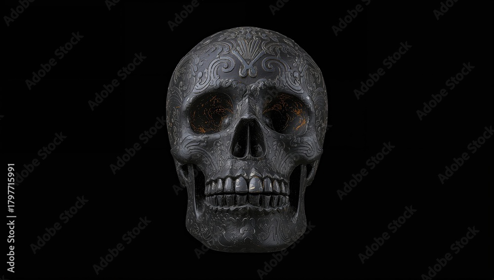 Fototapeta premium Oaxaca Black Skull Front, intricate design with cultural significance, preservation