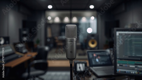 Technology and audio equipment theme, microphone positioned for optimal recording, efficiency