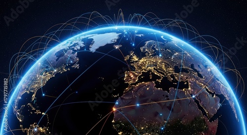 Earth with glowing network lines at night globe world
