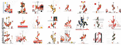 Firefighters Rapid Response Concept Set. Emergency workers sliding down the fire pole to start their duty, featuring trucks, hoses, and station equipment.