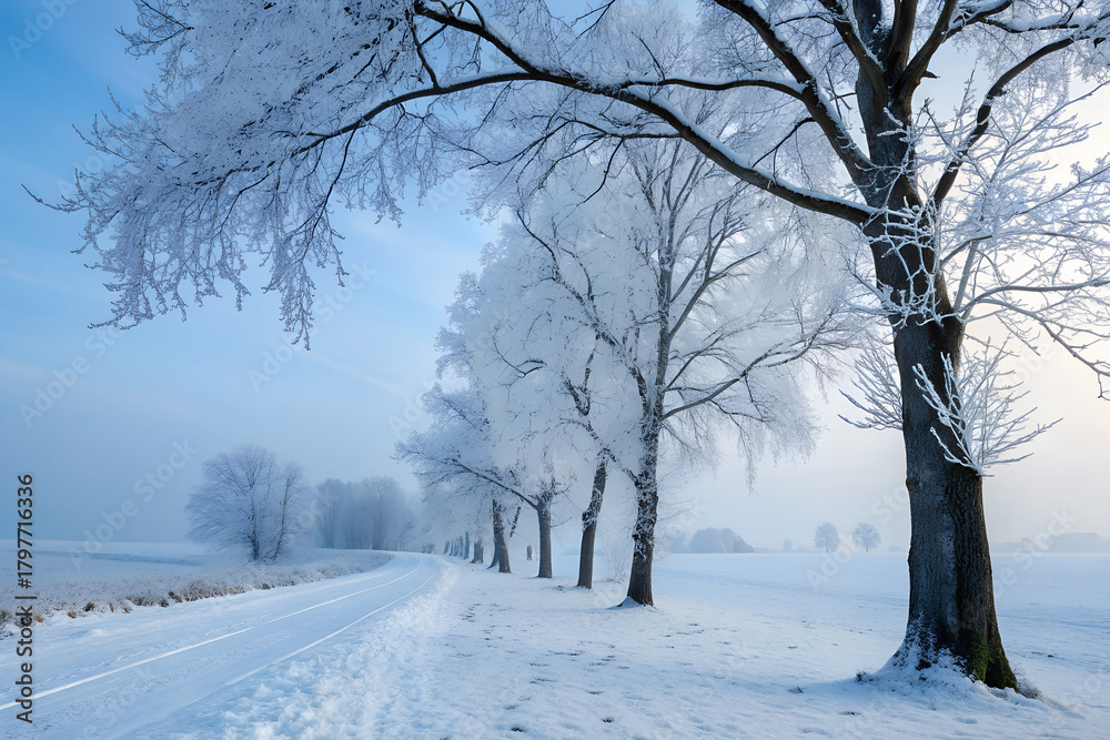Obraz premium Winter Landscape with Row of Frost Covered Trees Along Snowy Road under Blue Sky - Beautiful Cold Frozen Rural Scenery and Nature Background