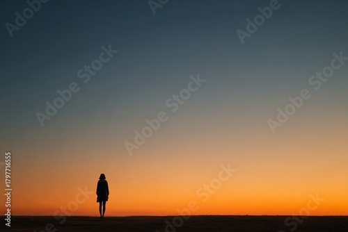 Minimalist shot of a person s silhouette in a meditative pose against a vast, clean, soft background (e.g., sunrise sky), perspective, simplicity, ethereal light, 8k,