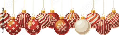 Red and cream Christmas ornaments with gold caps hanging