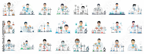 Collection of Flat Vector Illustrations Featuring Scientists Conducting Chemical Experiments in a Laboratory with Various Equipment and Compounds.