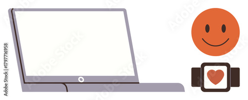 Robot with heart symbol on display next to an open laptop. Ideal for technology, artificial intelligence, robotics, innovation, machine learning, digital transformation, simple flat metaphor