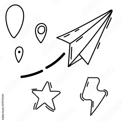 paper airplane, star, lightning, geolocation marker, black and white vector isolated element, hand-drawn vector isolated element, hand-drawn