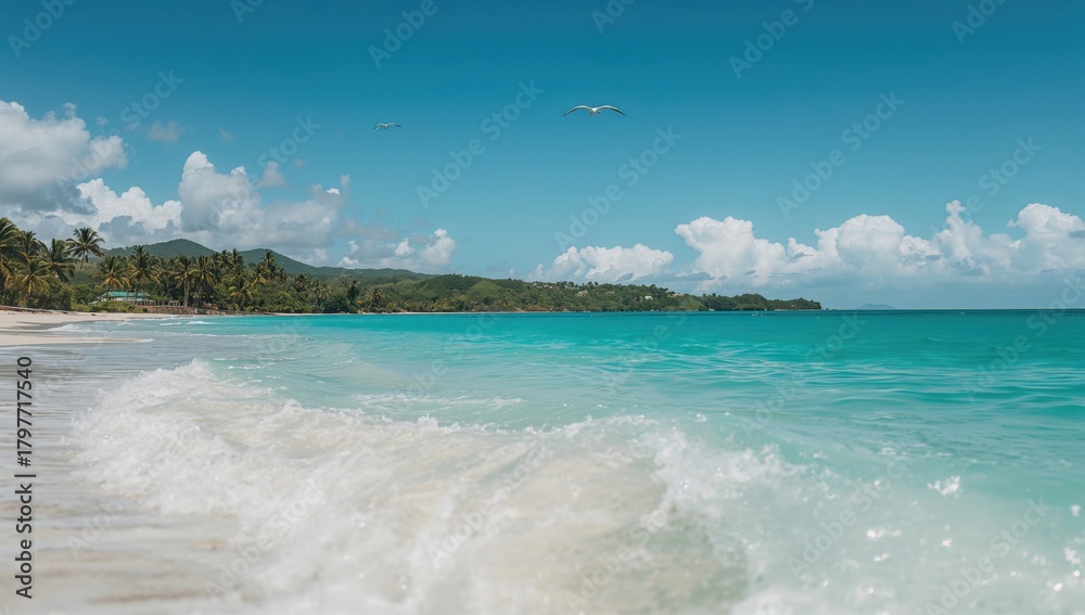 Obraz premium Caribbean ocean waves crashing on the shore, showcasing the natural beauty and coastal erosion risk