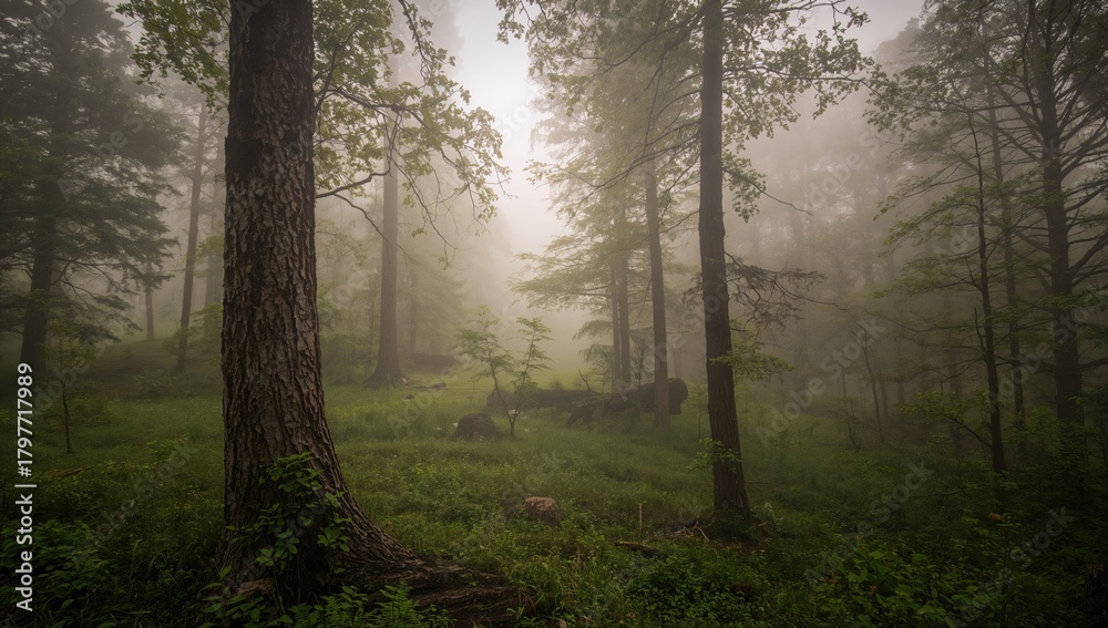 Fototapeta premium Misty mountain forest enveloped in clouds, erosion risk