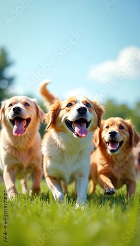 Fototapeta Naklejka Na Ścianę i Meble -  Three happy dogs run fast on green grass under clear blue sky. Two golden retriever pups, mixed breed dog play together in park field. Enjoy sunny summer day outdoors, showing pure joy, true fun.