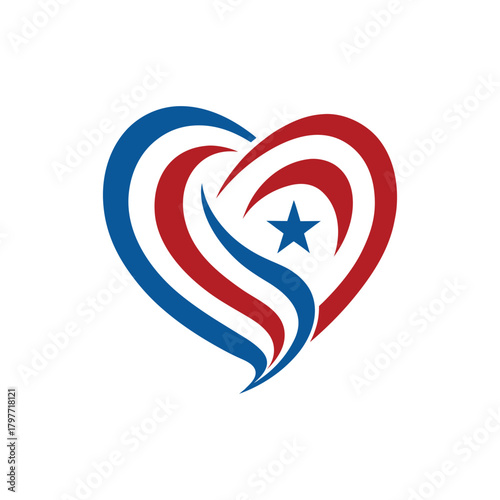 Heart-shaped American flag graphic with star and flowing red and blue stripes symbolizing patriotism and national pride