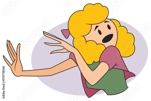 Frightened girl covers herself with her hands.