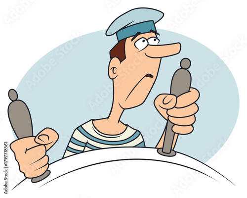 Sailor at helm of ship.