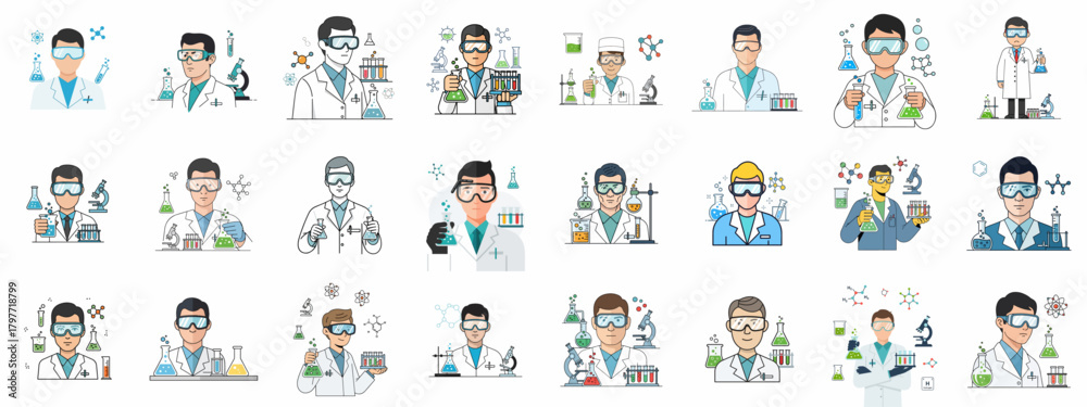 Naklejka premium Science and Chemistry Lab Worker Avatars Vector Illustration Set. Researchers in lab coats holding test tubes and flasks with molecules and microscopes.