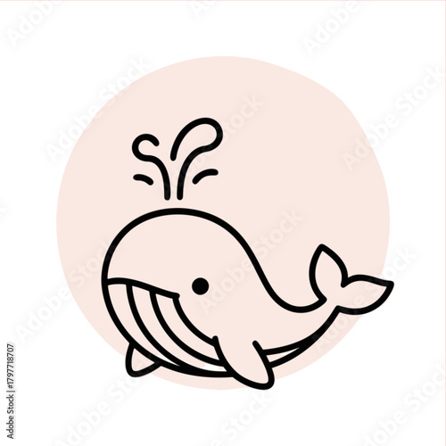 Adorable whale illustration spouting water, perfect for children's books or ocean-themed designs, a cute and simple ocean creature drawing for educational materials