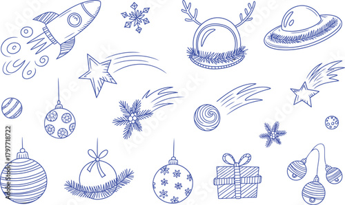 Blue ink doodle rocket spaceship christmas ornaments snowflakes