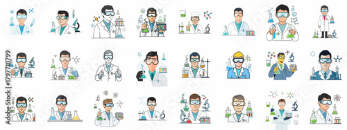 Science and Chemistry Lab Worker Avatars Vector Illustration Set. Researchers in lab coats holding test tubes and flasks with molecules and microscopes.
