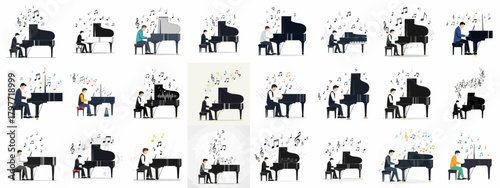 Diverse collection of vector illustrations featuring male pianists playing grand pianos, accompanied by various colorful and monochromatic musical notes and symbols.