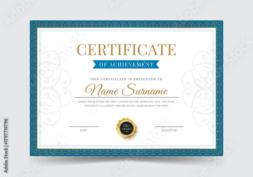 Certificate template diploma with badge vintage border. Award background