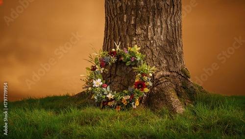 Fototapeta Naklejka Na Ścianę i Meble -  A wreath rests on the tree, seasonal decor for holiday festivities