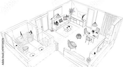 Architectural floor plan rendering of a modern apartment interior design blueprint