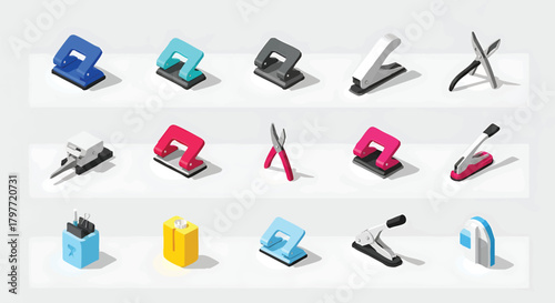 Collection of colorful hole punchers and office supplies on shelves concept