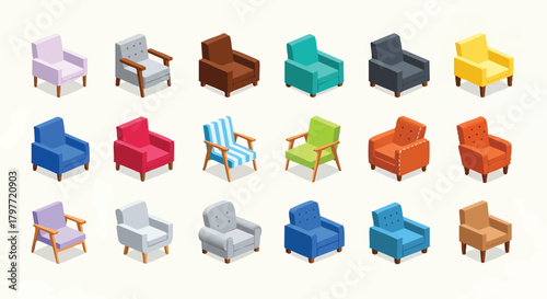 Colorful Isometric Armchair Collection Different Styles and Colors for Interior Design