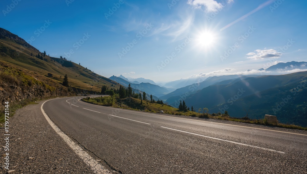 Naklejka premium Sunny day on a road surrounded by the Ukrainian Carpathian Mountains, highlighting seasonal change