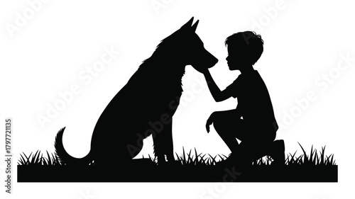 Silhouette of a Boy Kneeling and Petting a Dog in the Grass Keywords: silhouette, boy, child, kid, dog, canine, pet, animal, friendship, bond, connection, love, loyalty, companionship, kneeling