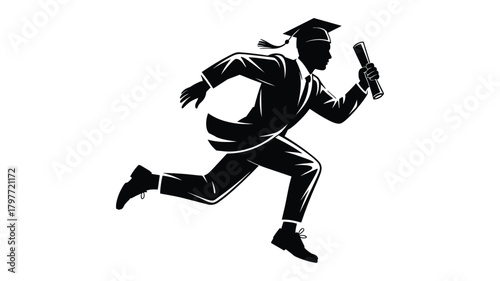 Silhouette of a graduating student in a cap and gown running with a diploma in hand graduation graduate