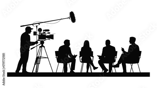 Silhouette of a Film Crew Recording an Interview with a Group camera microphone