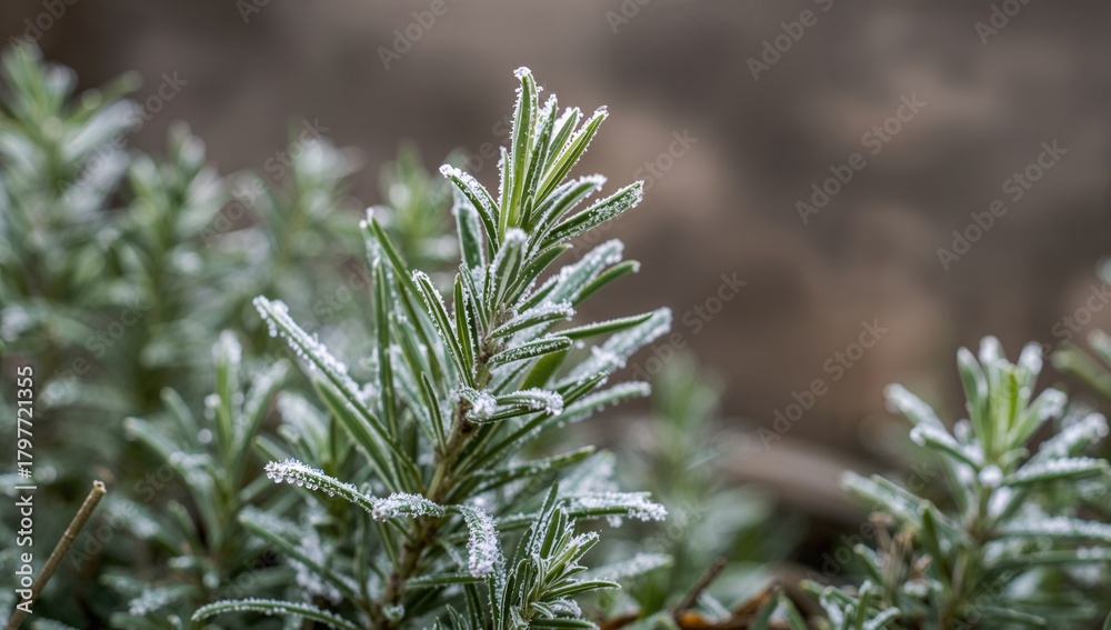 Naklejka premium Rosemary culinary herb covered in frost in a winter garden, seasonal change