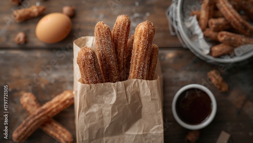 Cinnamon sugar churros in a paper bag with chocolate dipping sauce, indulgent treat