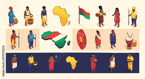 Isometric African People Culture Flag Musical Instruments Shield and Map Icons