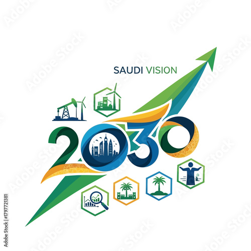 Saudi Vision 2030 logo symbolizing growth and progress with modern architecture, renewable energy, and economic diversification showcasing a promising future