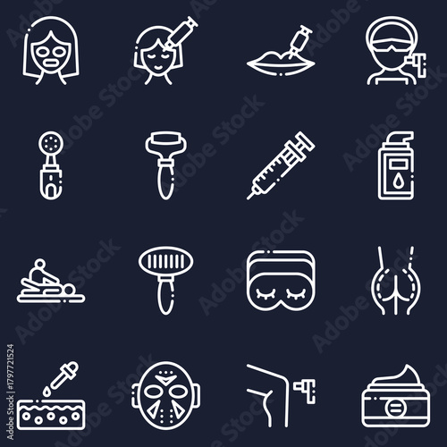 A collection of line art icons representing cosmetic procedures, beauty treatments, and wellness practices