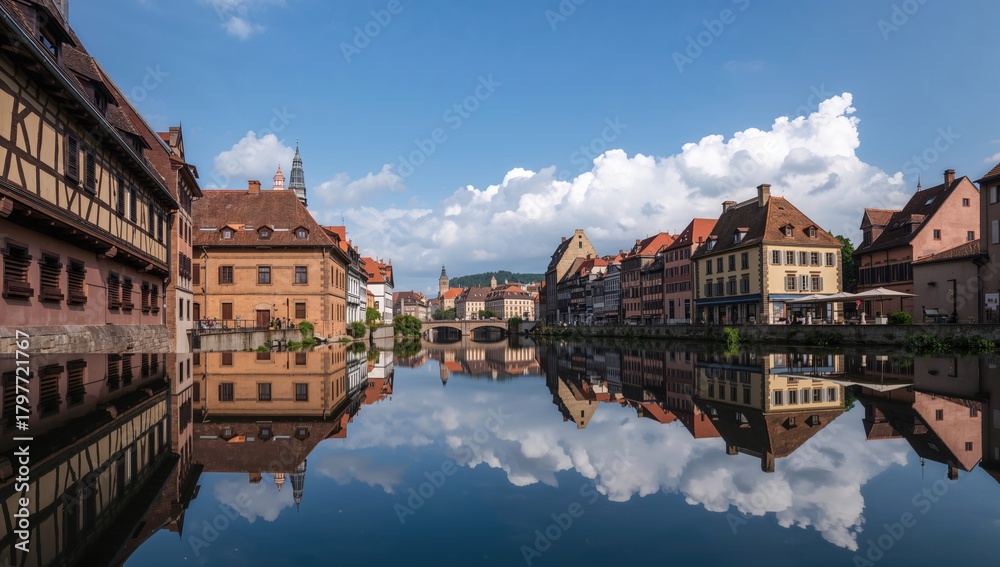 Naklejka premium Scenic view of historic architecture reflected in water, emphasizing urban density