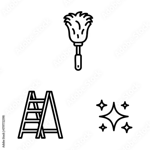 Spring Cleaning Icon Set Duster Ladder Sparkle Outline Art