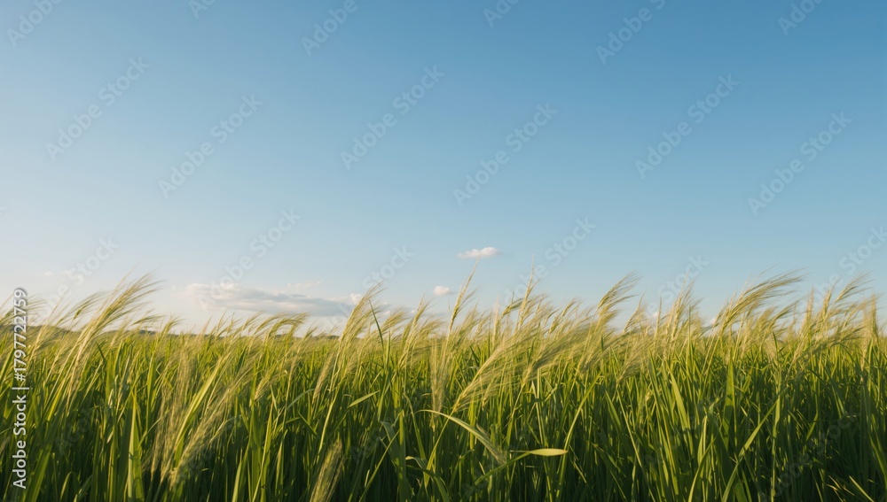 Obraz premium Lush green grass beneath a clear sky, evoking a sense of tranquility
