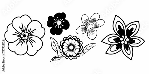 Outlined floral arrangement featuring various flower types and leaf accents in black and white style on transparent background