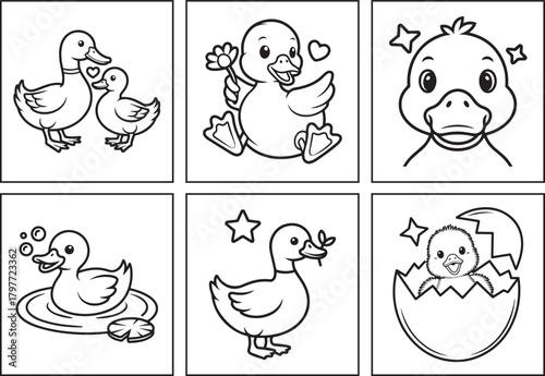 Cute baby duck black line art vector illustration for kids, Coloring page or book design bundle set