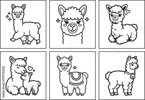 Cute and adorable alpaca black line art vector illustration for kids, Coloring page or book design bundle set