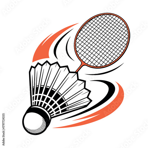 A badminton racket poised to strike a shuttlecock with dynamic motion lines.
