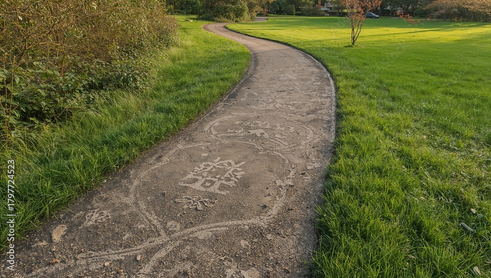 Obraz premium A pathway winding through a park surrounded by lush green grass, ideal for leisurely strolls