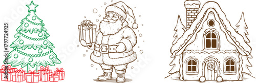 Christmas scene with a decorated tree and presents, santa claus holding a gift, and a snowcovered house