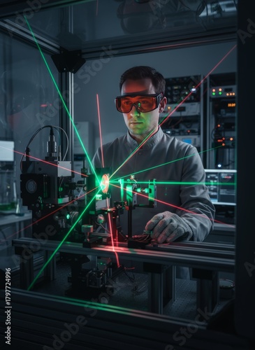 Scientist in safety goggles operates complex optical equipment with intersecting red and green laser beams