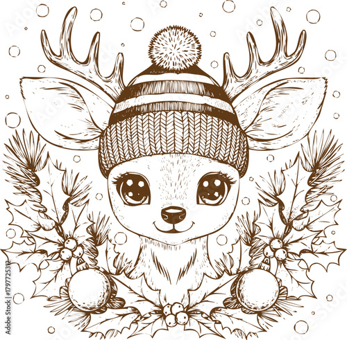Closeup illustration of a cute reindeer wearing a knitted hat and surrounded by holly branches and ornaments