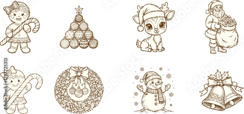Collection of cute christmas illustrations including gingerbread man, christmas tree, reindeer, santa claus, snowman, bells, and wreath